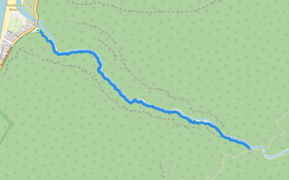 Pororari River Track walking route map in Punakaiki