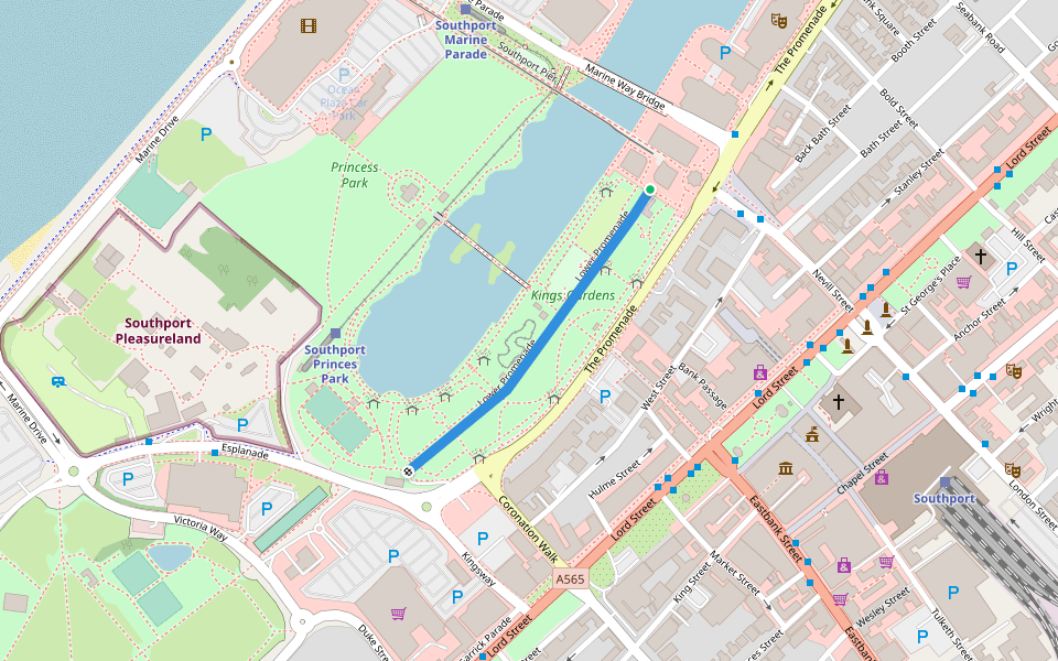 Lower Promenade walking route map in Southport