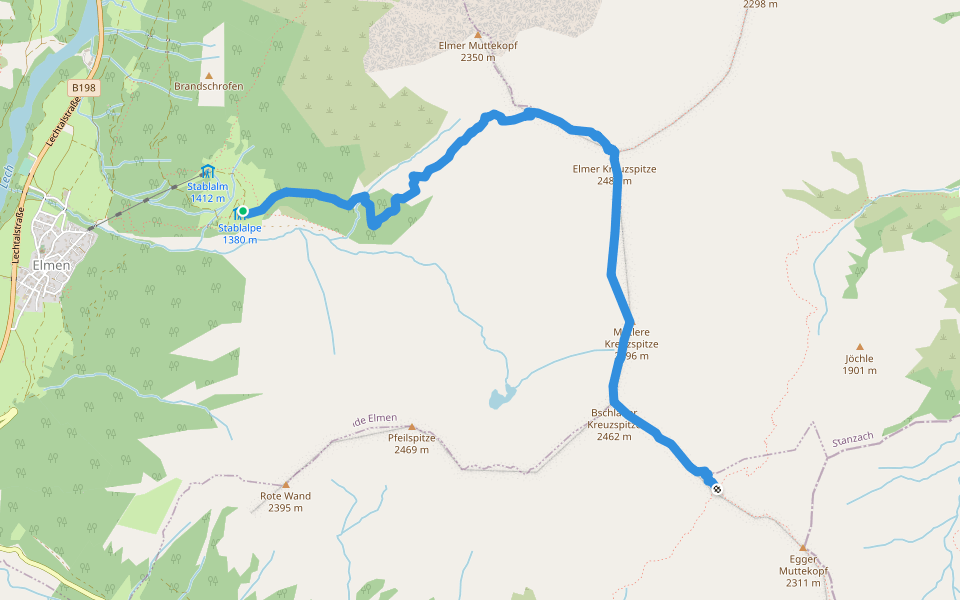 Elmer Kreuzspitze walking route map in Elmen