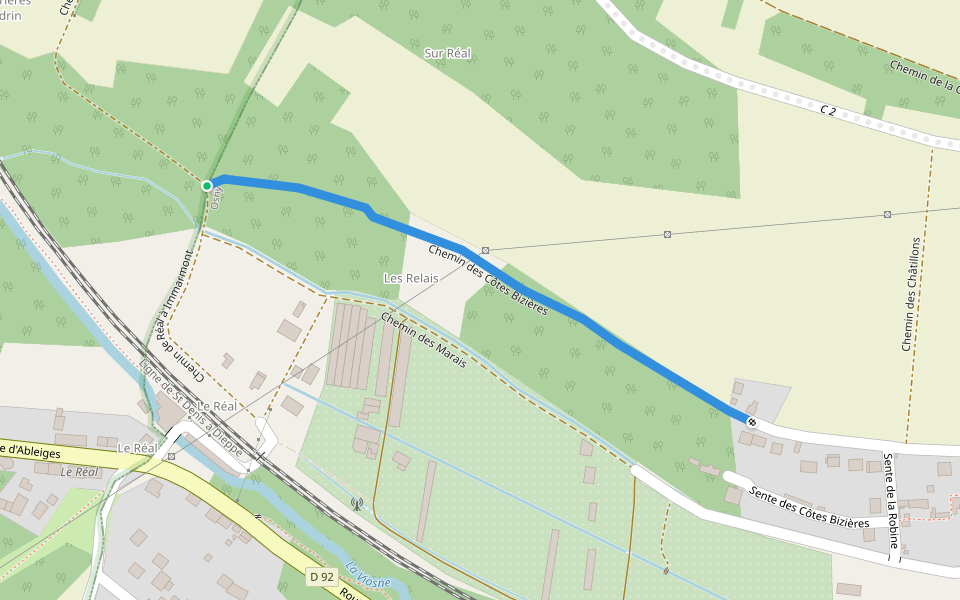 Chemin des Côtes Bizières walking route map in Osny