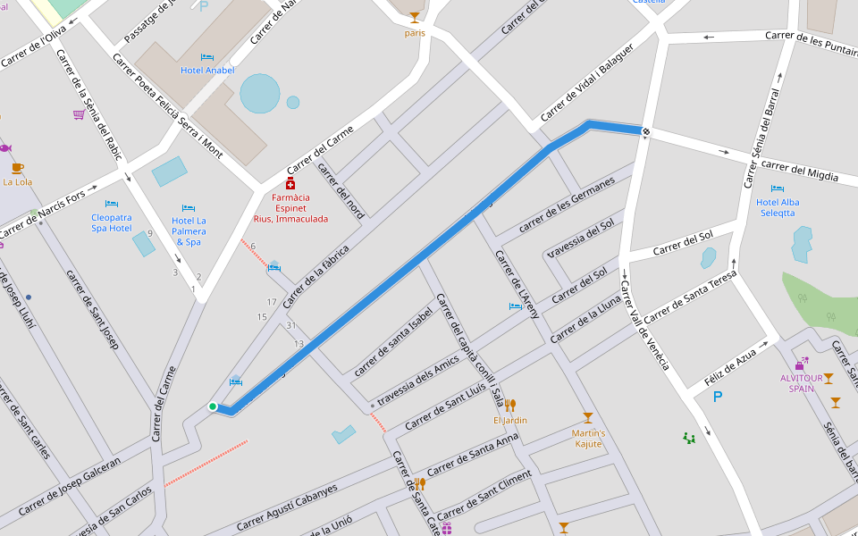 carrer del Migdia walking route map in Lloret de Mar