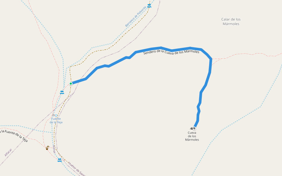 Sendero de la Cueva de los Mármoles walking route map in Alfacar