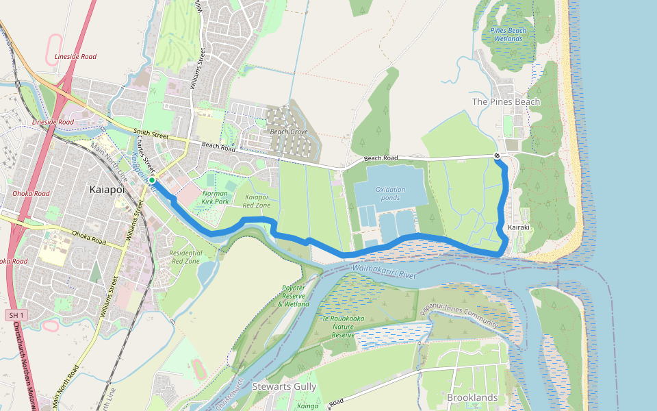 Pegasus Bay Walkway walking route map in Kaiapoi