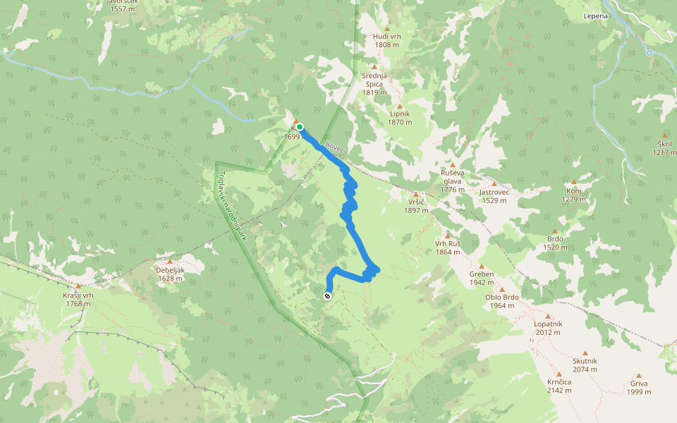 zaraščena in podrta mulatjera walking route map in Čezsoča