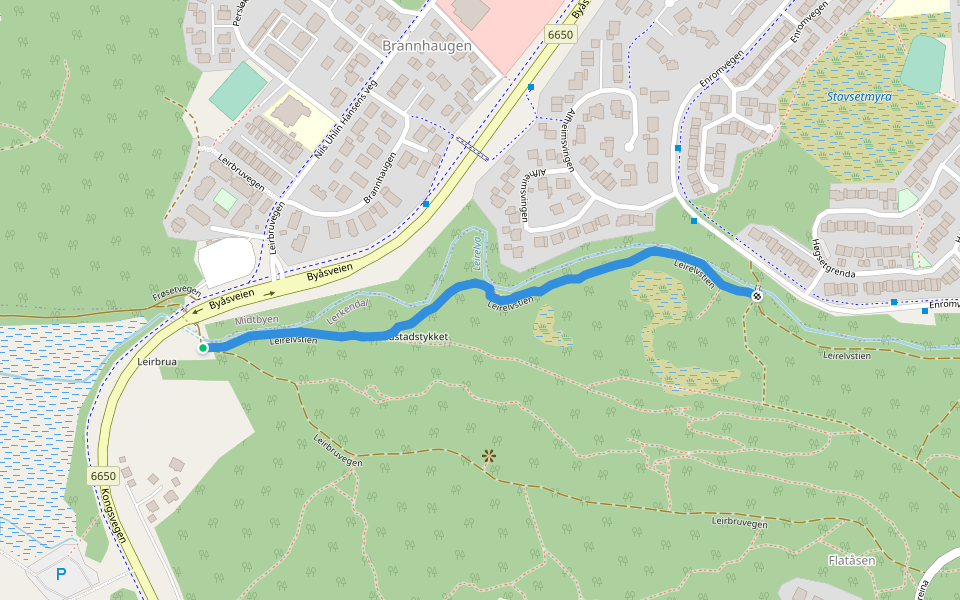Leirelvstien walking route map in Flatåsen