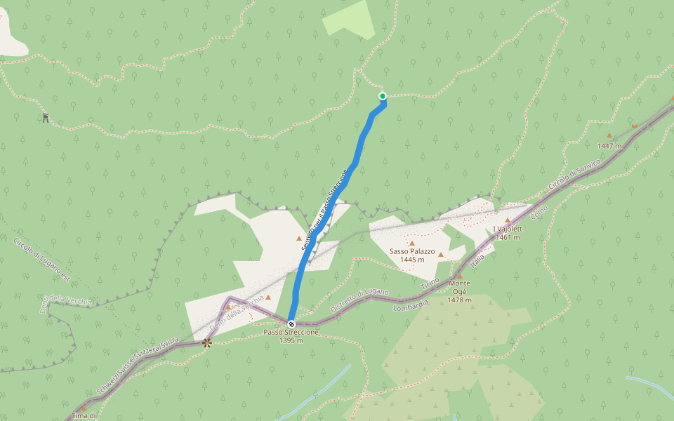 Sentiero per il Passo Streccione walking route map in Lugano