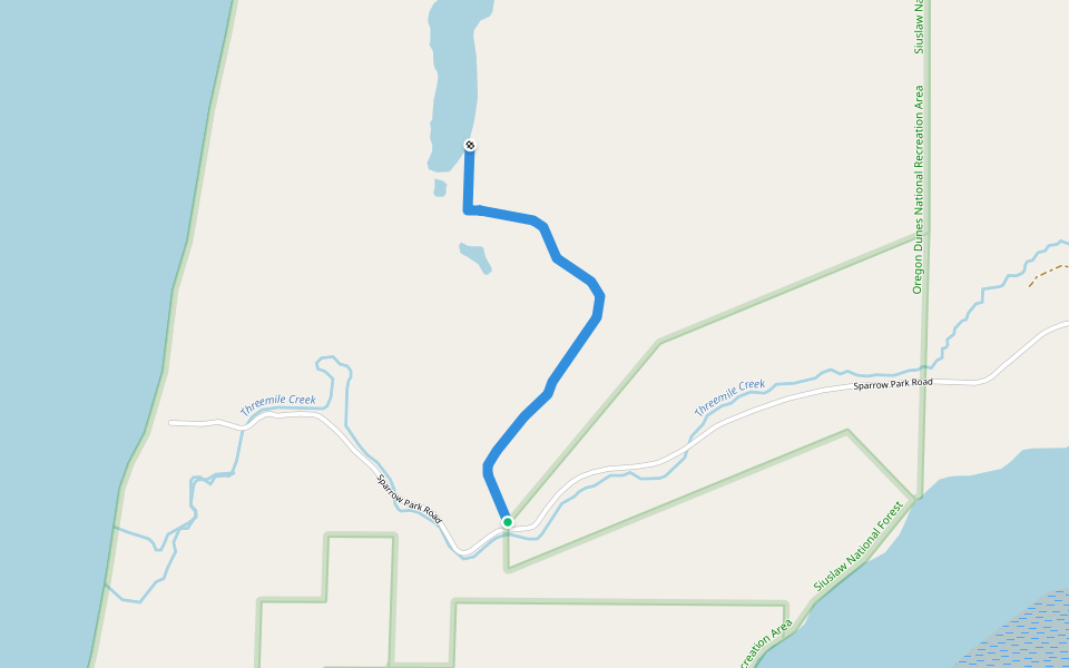 Threemile Lake South Trail walking route map in Reedsport