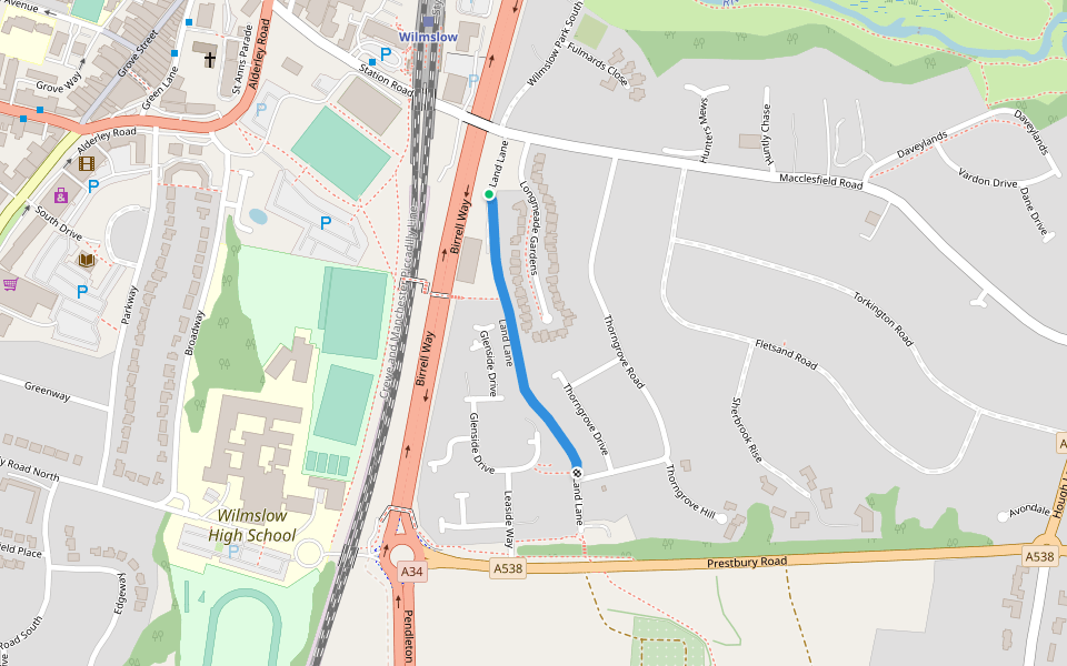 Land Lane walking route map in Wilmslow
