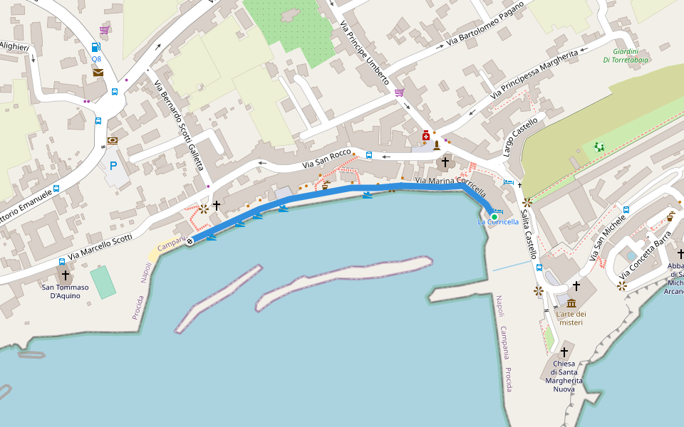 Via Marina Corricella walking route map in Procida