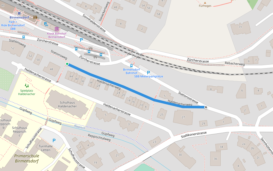 Haldenacherweg walking route map in Birmensdorf