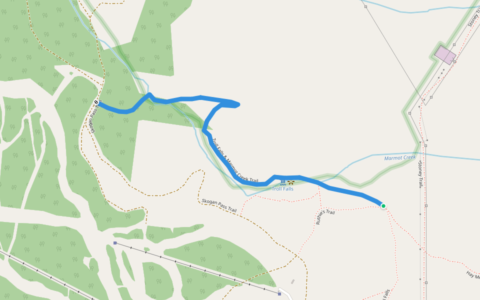 Troll Falls & Marmot Creek Trail walking route map in Lac des Arcs