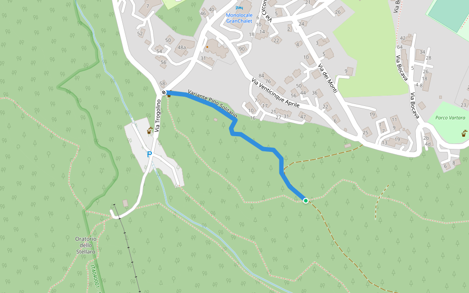 Variante Pino Solitario walking route map in Montecreto