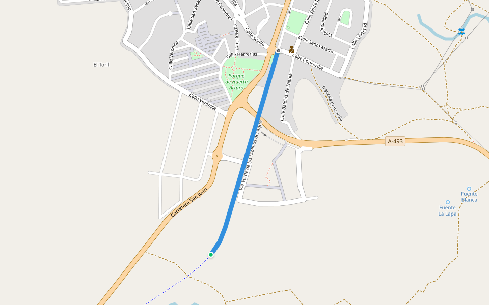 Via Verde de los Molinos del Agua walking route map in Valverde del Camino