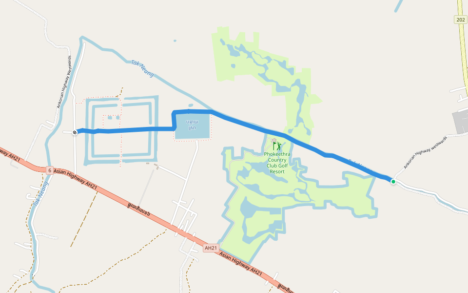 Ankorian Highway westwards walking route map in Krong Siem Reap