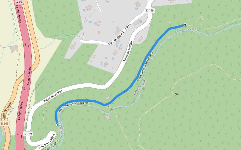 Vieux Chemin de Fozières walking route map in Fozières