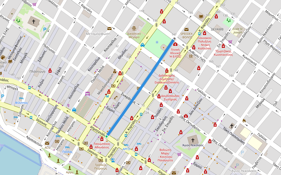 Αντωνοπούλου walking route map in Volos