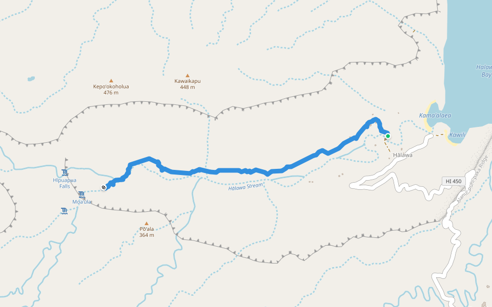 Waterfall Trail walking route map in Kaunakakai