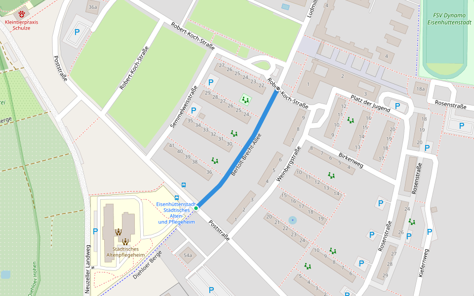 Bertolt-Brecht-Allee walking route map in Eisenhüttenstadt