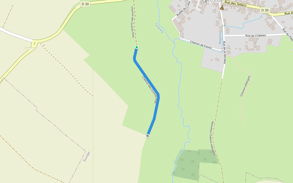Chemin des Grands Prés walking route map in Écordal