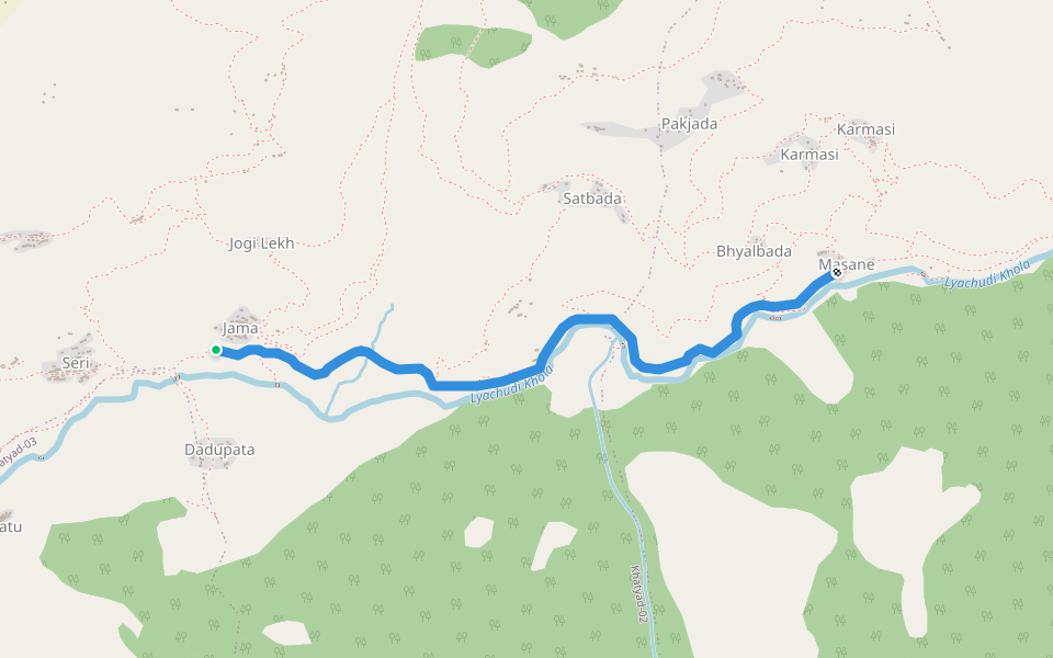Masane to Jama walking route map in Seri