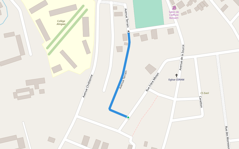 Avenue Terrain walking route map in Kinshasa