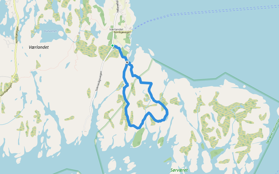 Sørværetløypa walking route map in Værlandet