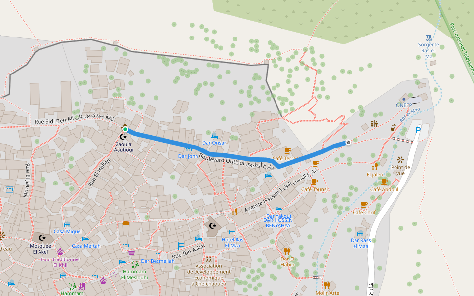 Boulevard Outioui شارع أوطيوي walking route map in Chechaouèn