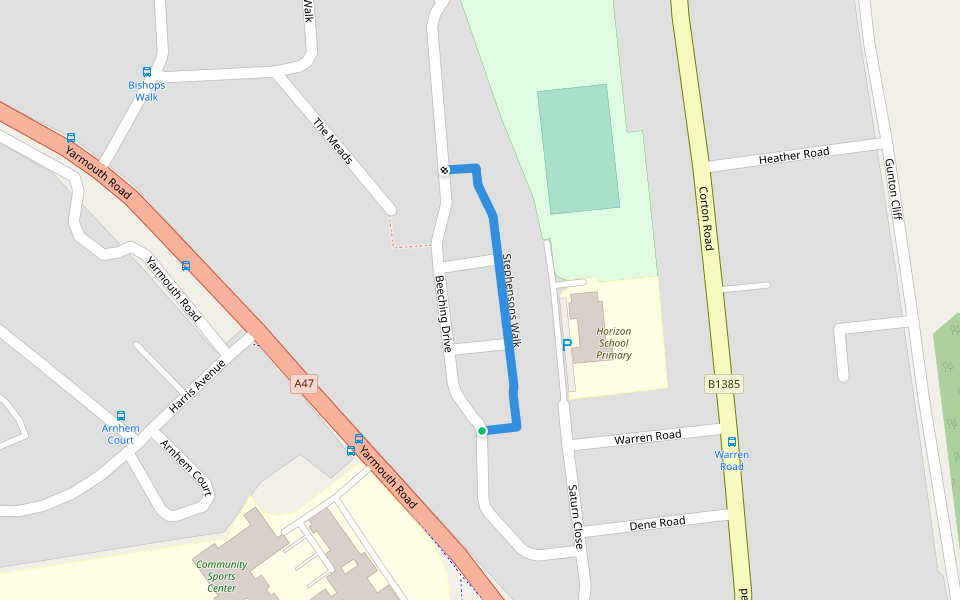 Stephensons Walk walking route map in Lowestoft