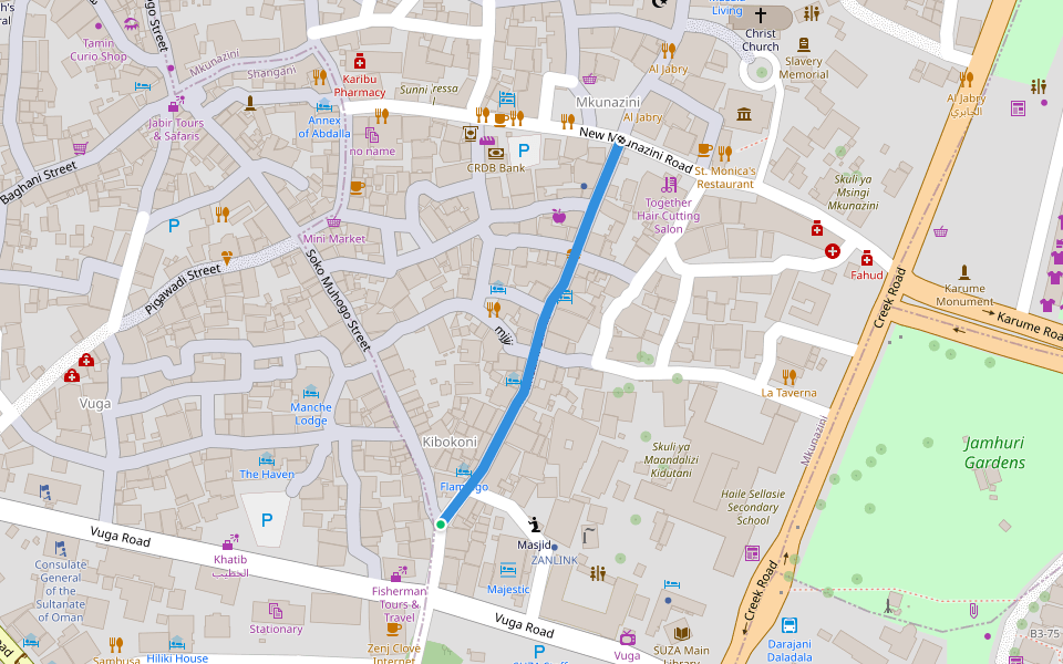 Mkunazini Street walking route map in Zanzibar