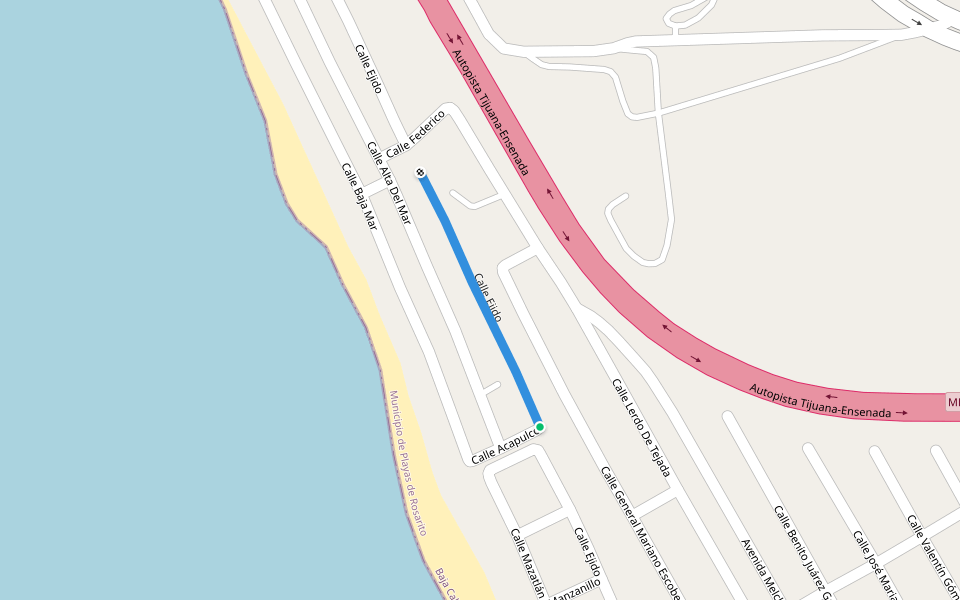 Calle Ejido walking route map in Playas de Rosarito