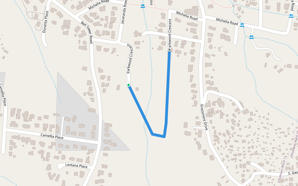 Parkwood Crescent walking route map in Pinetown