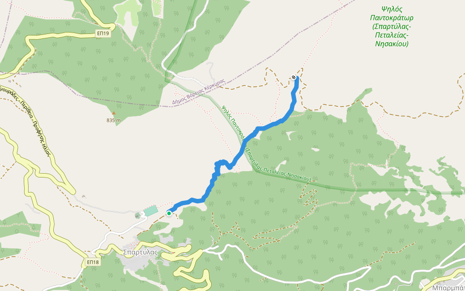 Corfu Trail walking route map in Spartilas