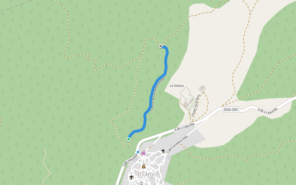 Camino de Las Peñas Gordas walking route map in El Cerro
