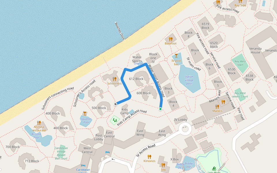 Water sport access road walking route map in The Bight Settlement