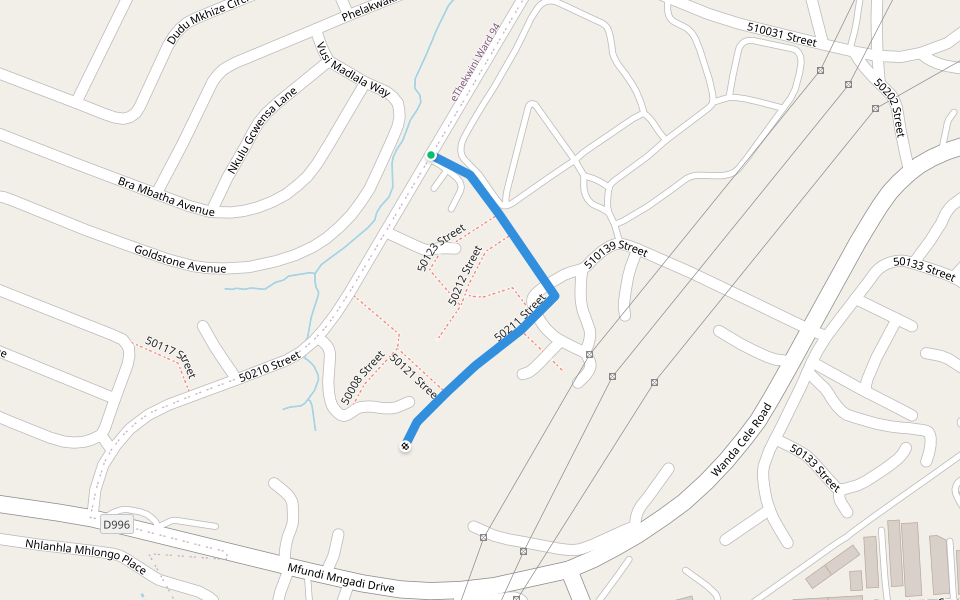 50211 Street walking route map in Malagazi