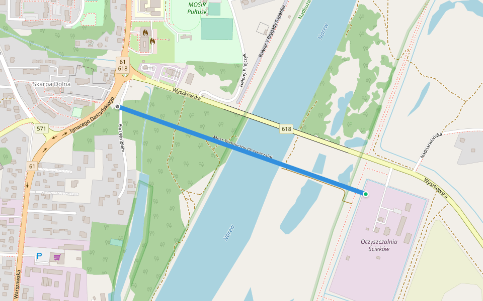 Most Techniczny Oczyszczalni walking route map in Pułtusk