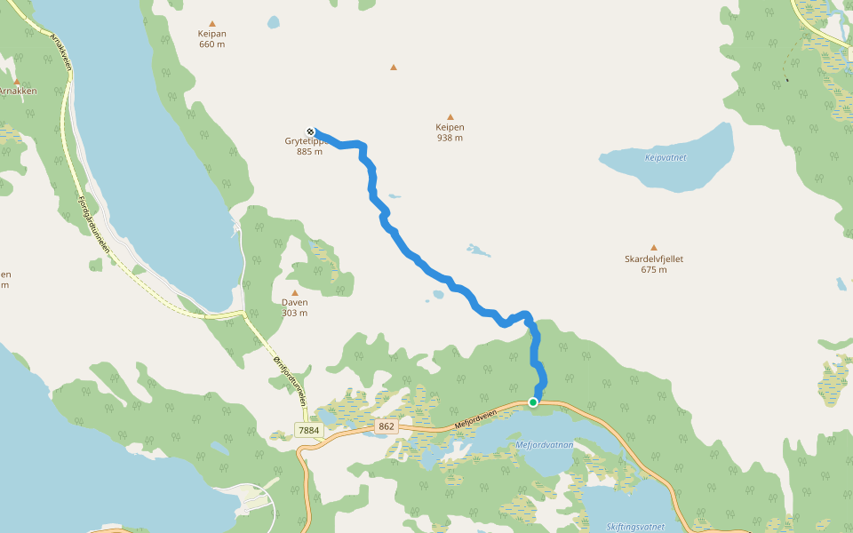 Grytetippen Marked Trail walking route map in Harstad