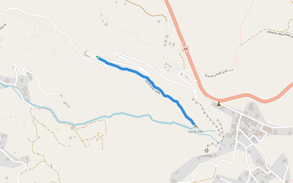 طريق مغارة قاديشا walking route map in Wadi Qannoubine
