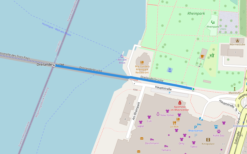 Dreiländerbrücke walking route map in Weil am Rhein