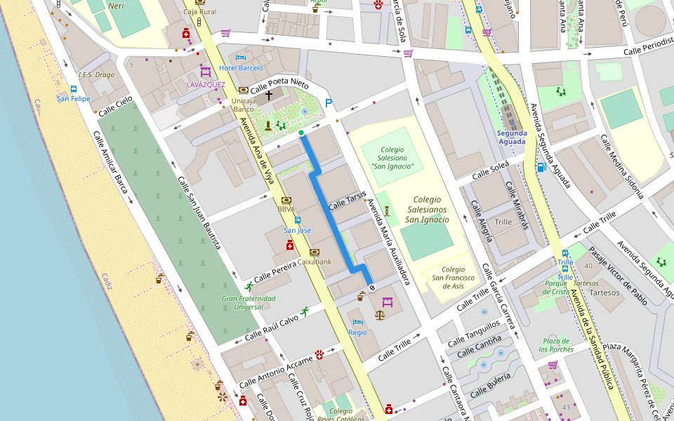 Calle de los Balbos walking route map in Cádiz