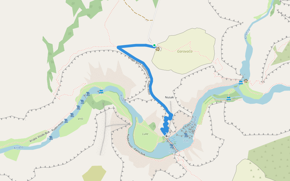 Krupa: kuće Veselinovića - Kudin most walking route map in Golubić