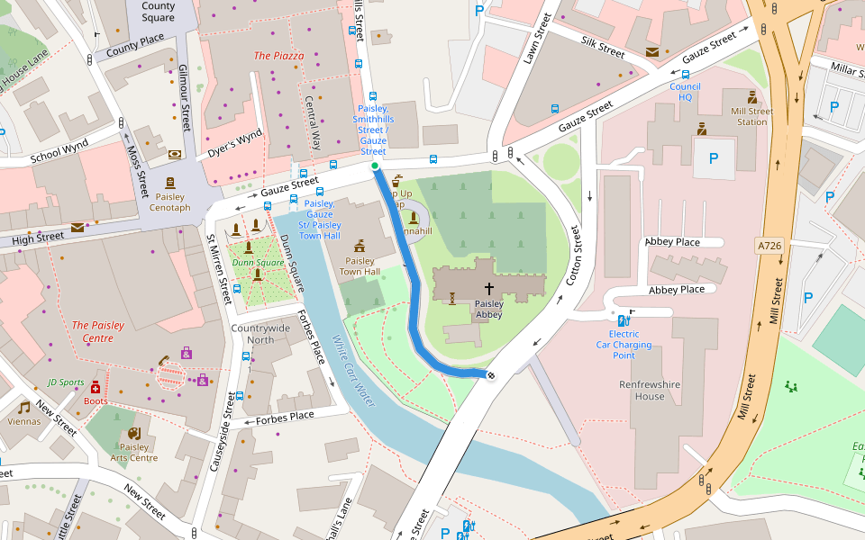 Abbey Close walking route map in Paisley