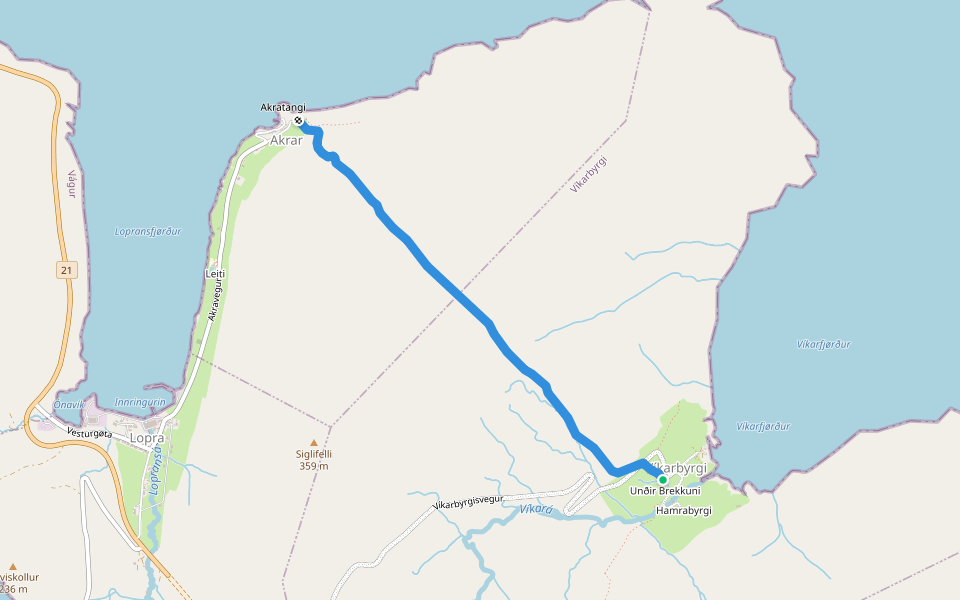 Víkarbyrgisvegur walking route map in Víkarbyrgi