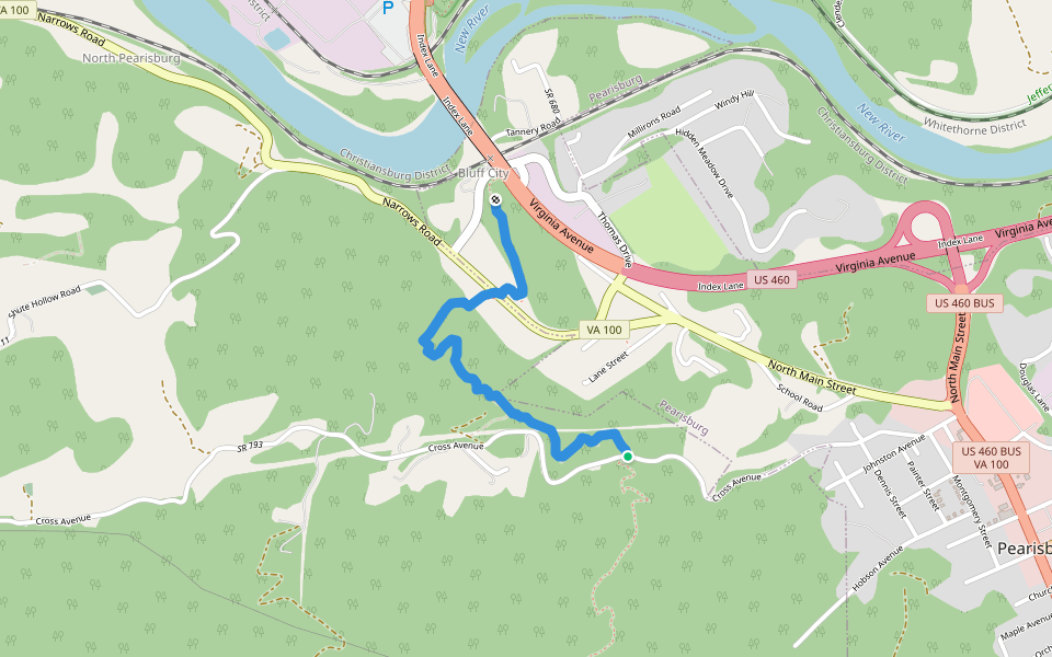 Appalachian Trail Reroute walking route map in Pearisburg