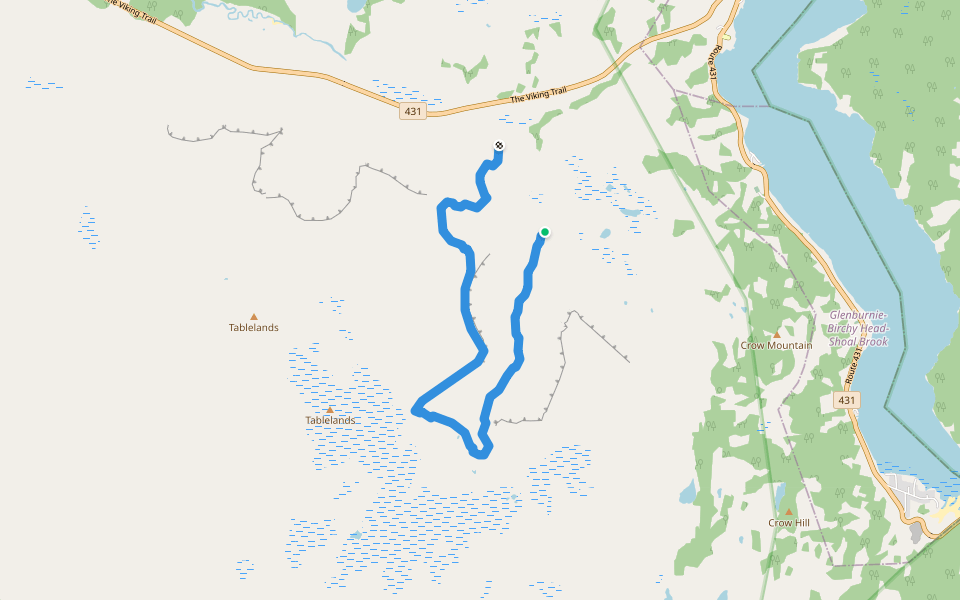 Tablelands - Off Trail Hike walking route map in Glenburnie-Birchy Head-Shoal Brook