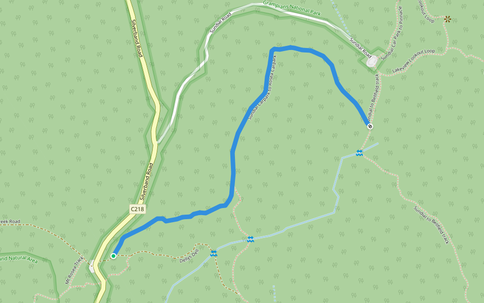 Sundial Carpark to Rosea Carpark walking route map in Bellfield