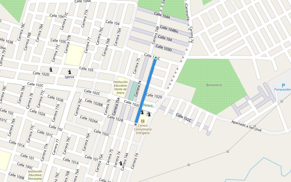 Carrera 74A walking route map in Apartadó