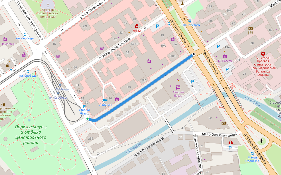 Мало-Тобольская улица walking route map in Barnaul
