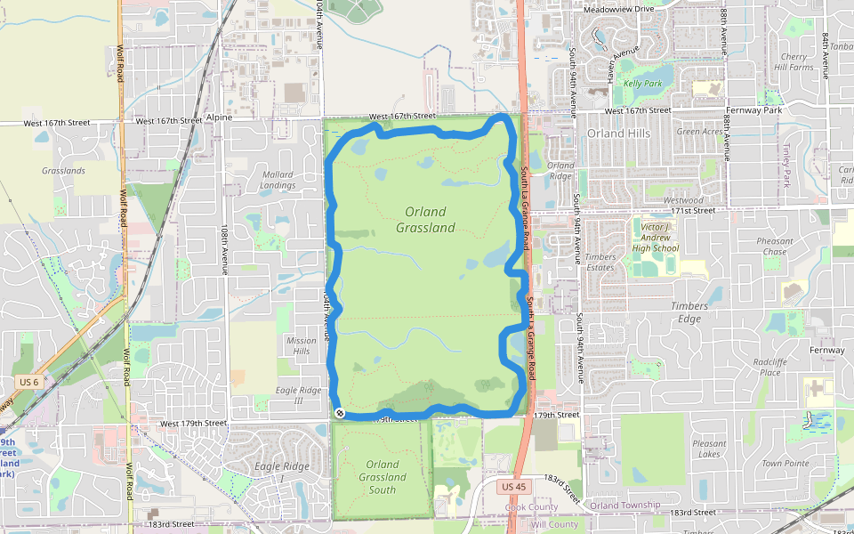Orland Grassland Red Paved Loop walking route map in Tinley Park