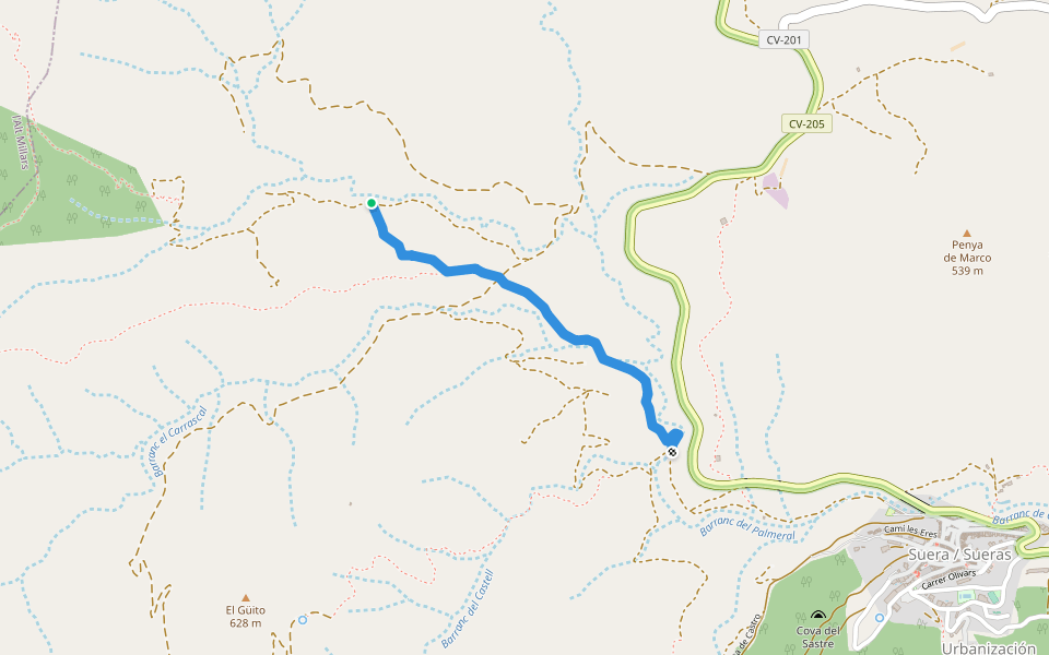 Camí de Suera a Villamalur walking route map in Sueras/Suera
